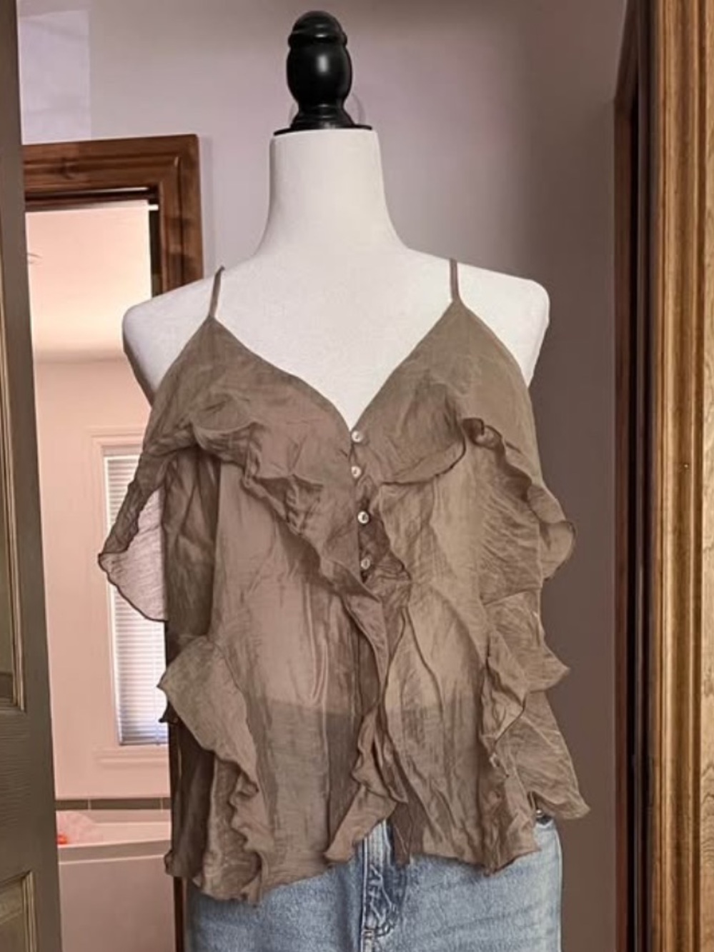 Zara Taupe Ruffle Spaghetti Strap Camisole